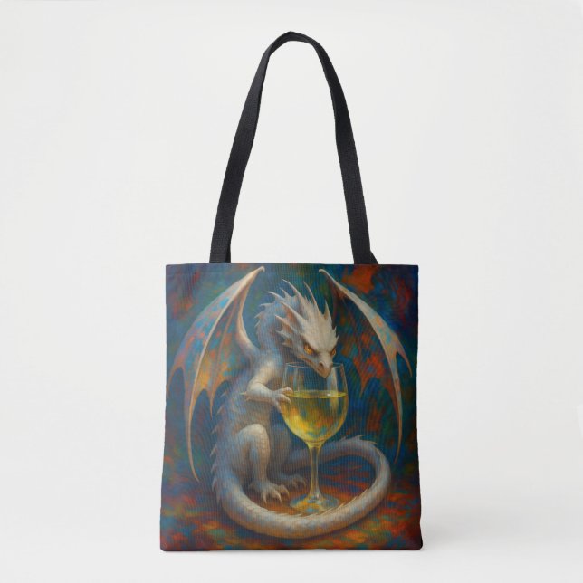Cute Ivory Dragon & White Wine Fantasy Art Tote Bag (Front)