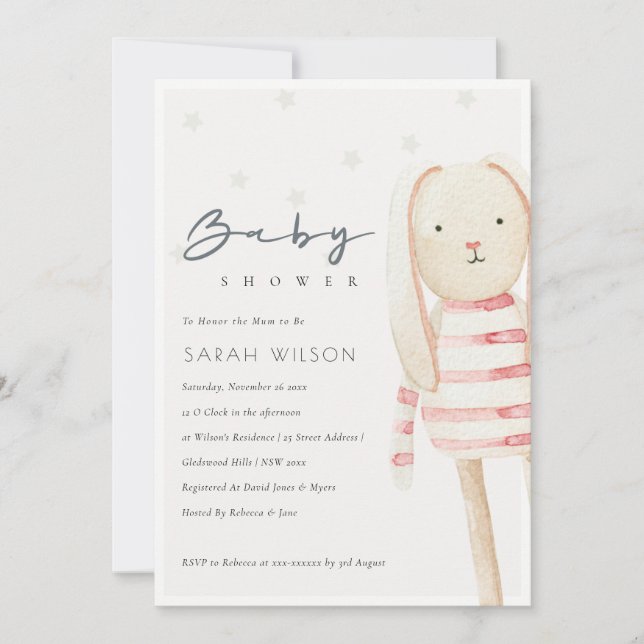 Cute Ivory Pink Bunny Soft Toy Baby Shower Invite (Front)