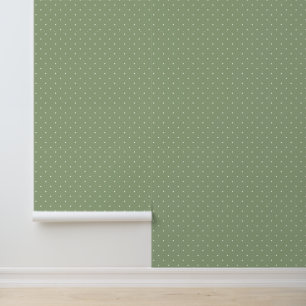 Cute Ivory White Polka Dots on Sage Green Wallpaper