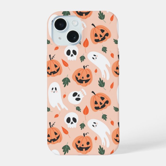 Cute Jack-O-Lantern & Ghost Pattern iPhone 15 Case (Back)