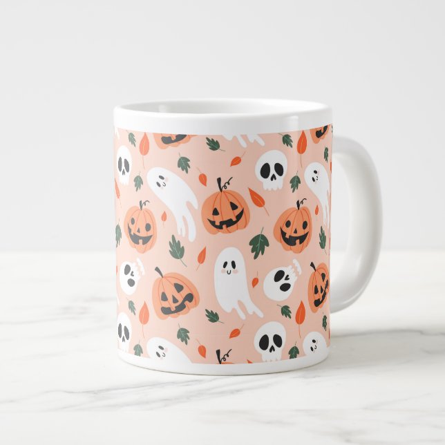Cute Jack-O-Lantern & Ghost Pattern Large Coffee Mug (Front Right)