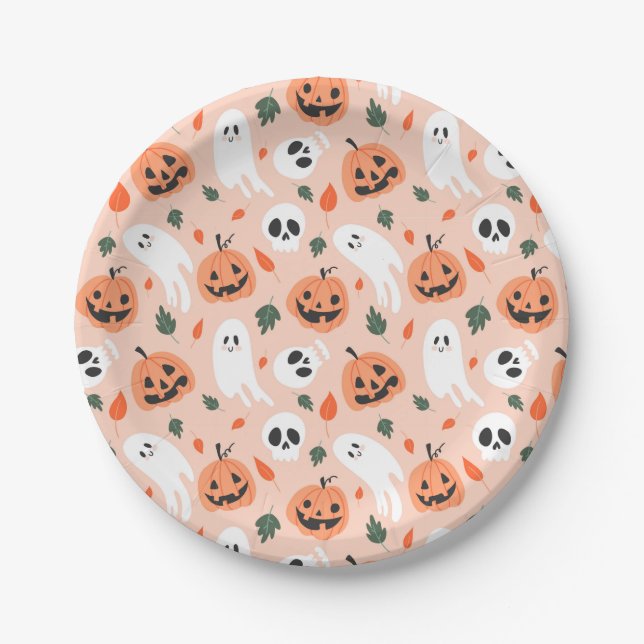 Cute Jack-O-Lantern & Ghost Pattern Paper Plate (Front)