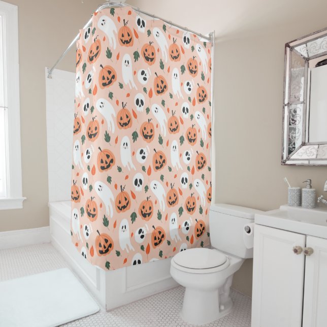 Cute Jack-O-Lantern & Ghost Pattern Shower Curtain (In Situ)