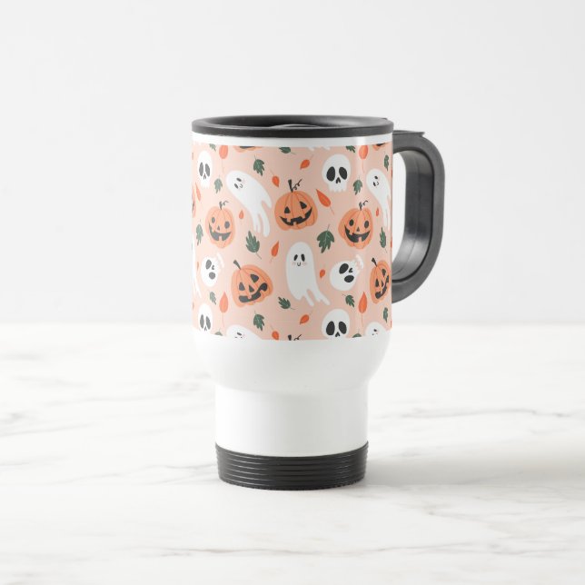 Cute Jack-O-Lantern & Ghost Pattern Travel Mug (Front Right)