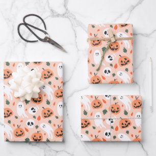 Cute Jack-O-Lantern & Ghost Pattern Wrapping Paper Sheet