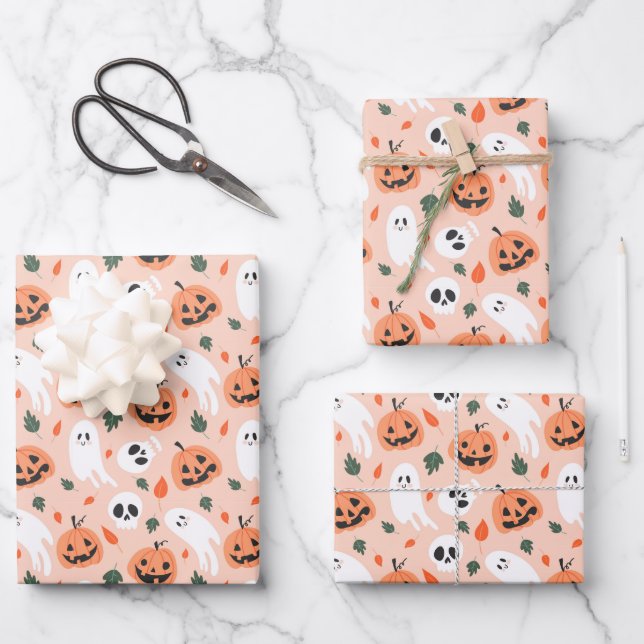 Cute Jack-O-Lantern & Ghost Pattern Wrapping Paper Sheet (Front)