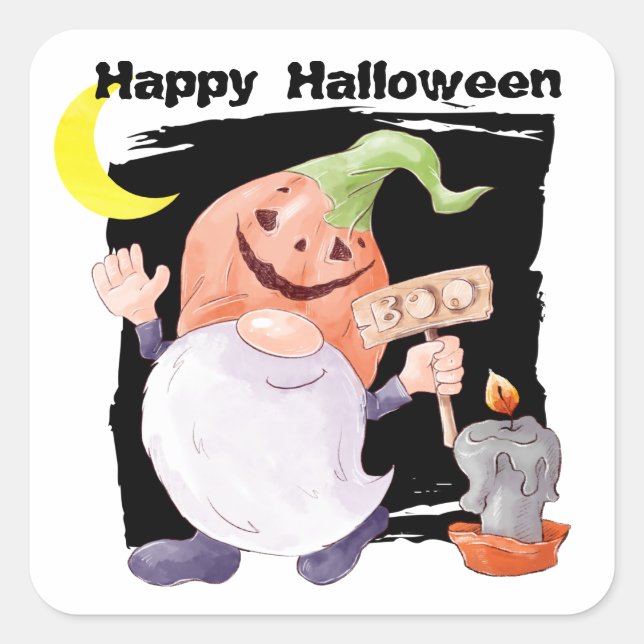 Cute Jack o' Lantern Gnome Kids Halloween Square Sticker (Front)