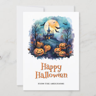 Cute Jack O’Lanterns Moon Bats Happy Halloween Holiday Card