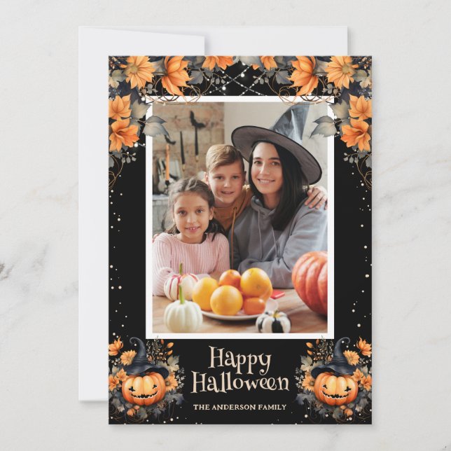 Cute Jack-O'-Lanterns Photo Happy Halloween Card (Front)