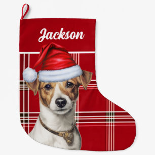 Cute Jack Russell Dog Red Plaid Personalised Large Christmas Stocking