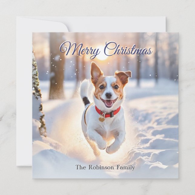 Cute Jack Russell Dog Winter Snow Christmas Holiday Card (Front)