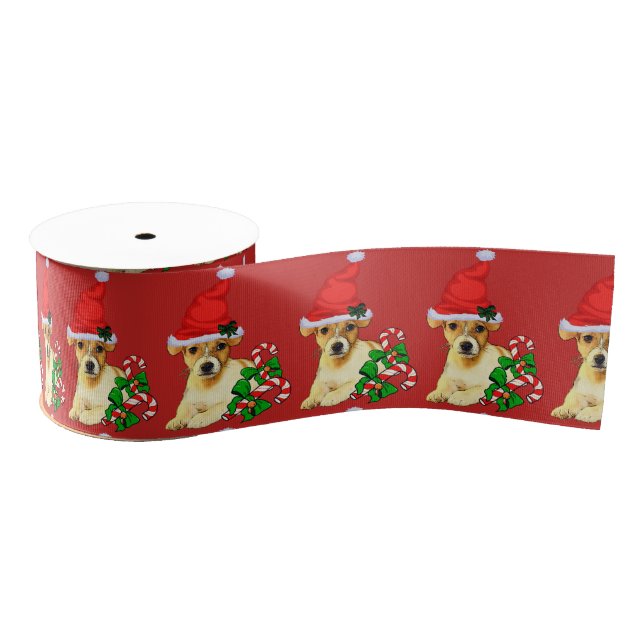 Cute Jack Russell Terrier Puppy Christmas Grosgrain Ribbon (Spool)