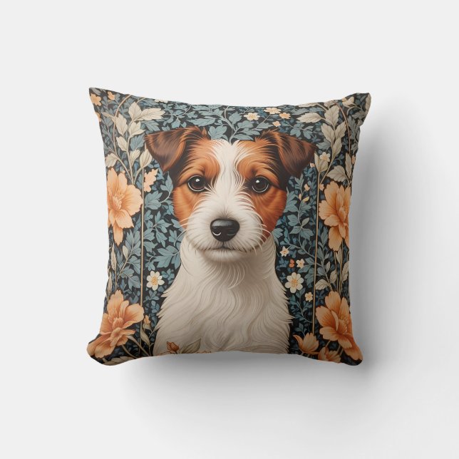 Cute Jack Russell Terrier William Morris Inspired Cushion (Front)