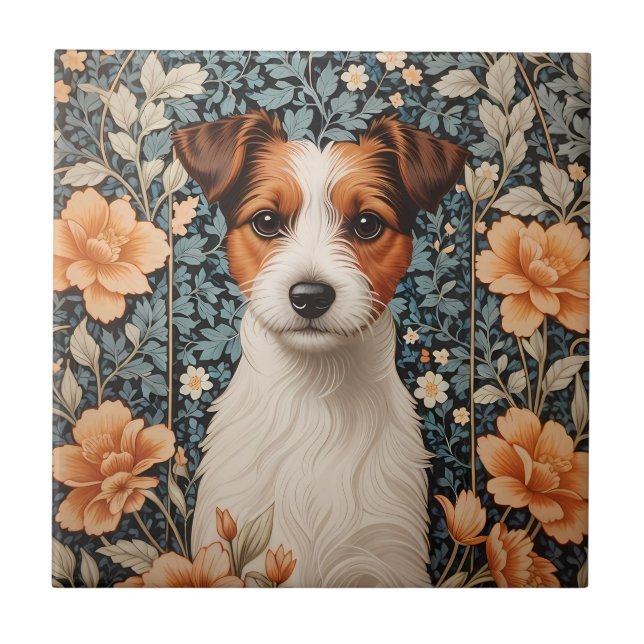 Cute Jack Russell Terrier William Morris Inspired Tile (Front)