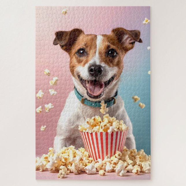 Cute Jack Russell Terrier With Popcorn Jigsaw Puzzle (Vertical)