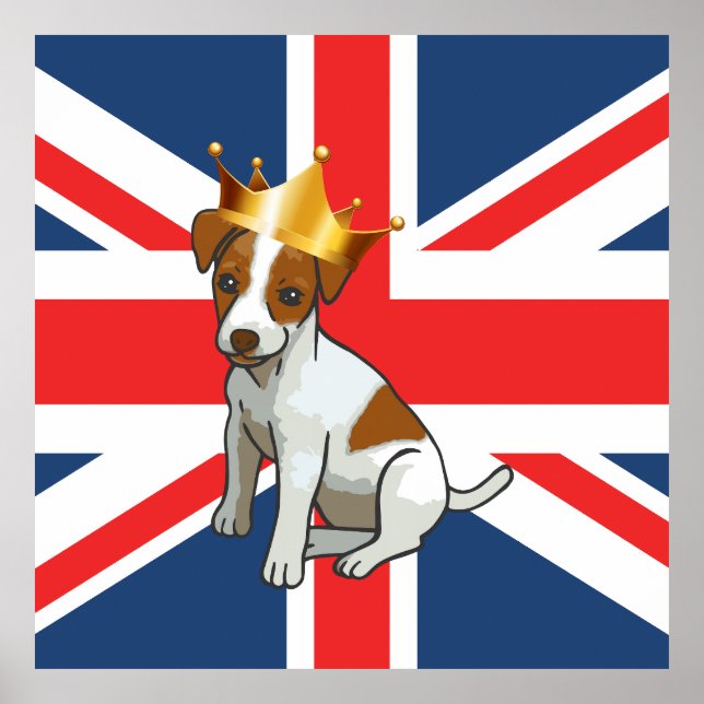 Cute Jack Russell wearing a Crown and Union Jack Poster (Front)