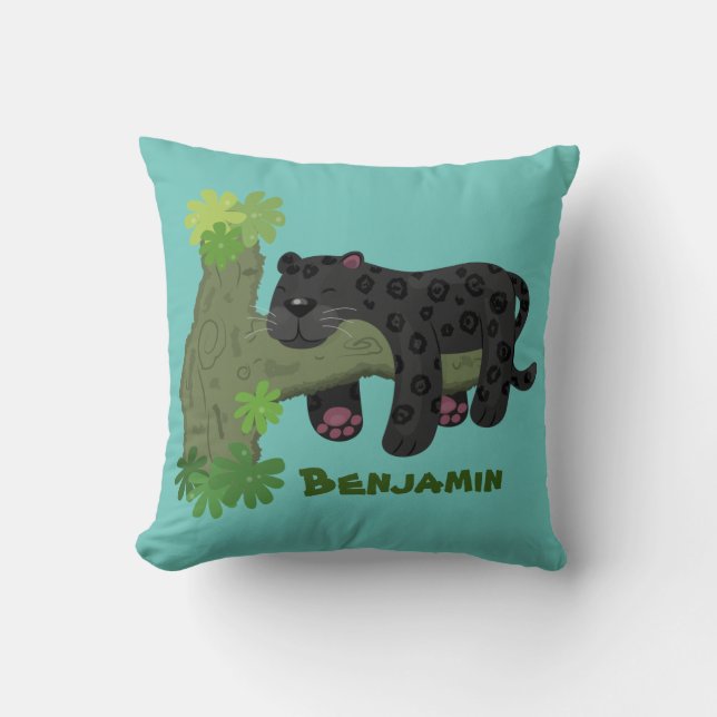Cute jaguar black panther cartoon illustration cushion (Front)