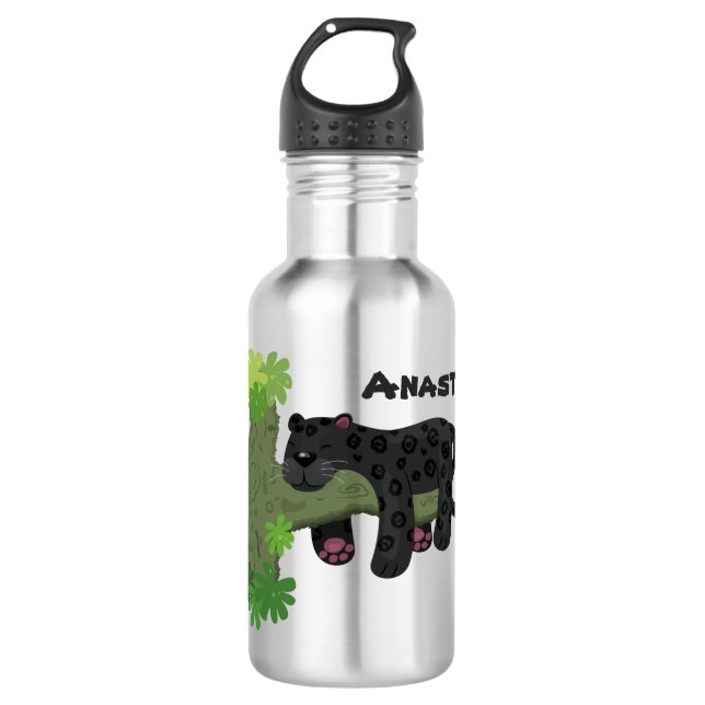 Cute jaguar black panther cat cartoon illustration 532 ml water bottle (Front)