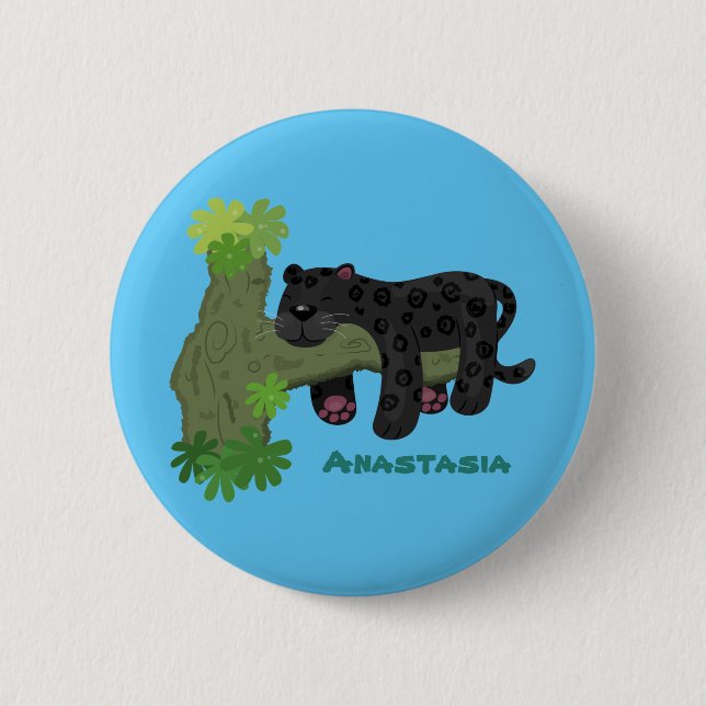 Cute jaguar black panther cat cartoon illustration 6 cm round badge (Front)