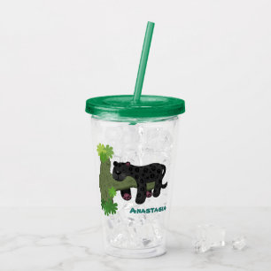 Cute jaguar black panther cat cartoon illustration acrylic tumbler