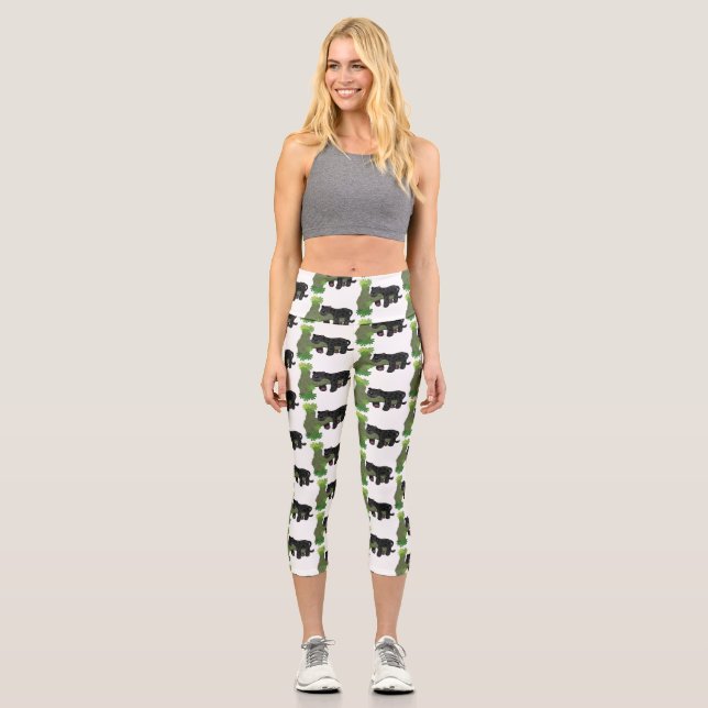 Cute jaguar black panther cat cartoon illustration capri leggings (Front)