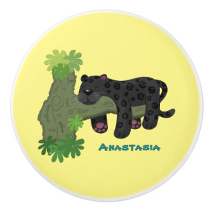 Cute jaguar black panther cat cartoon illustration ceramic knob