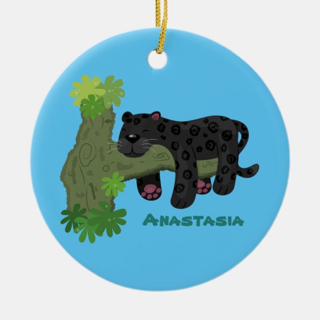 Cute jaguar black panther cat cartoon illustration ceramic tree decoration (Front)