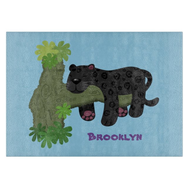 Cute jaguar black panther cat cartoon illustration cutting board (Front)