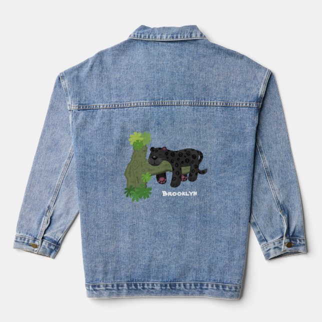 Cute jaguar black panther cat cartoon illustration denim jacket (Back)