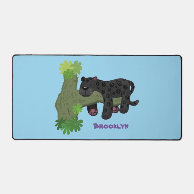 Cute jaguar black panther cat cartoon illustration desk mat (Front)