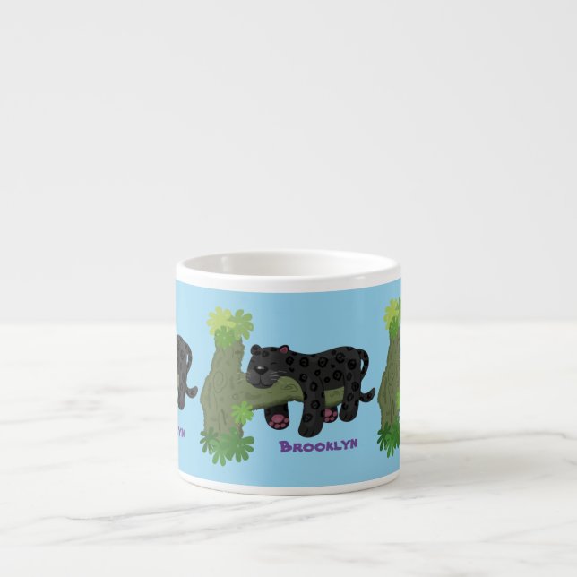Cute jaguar black panther cat cartoon illustration espresso cup (Front)