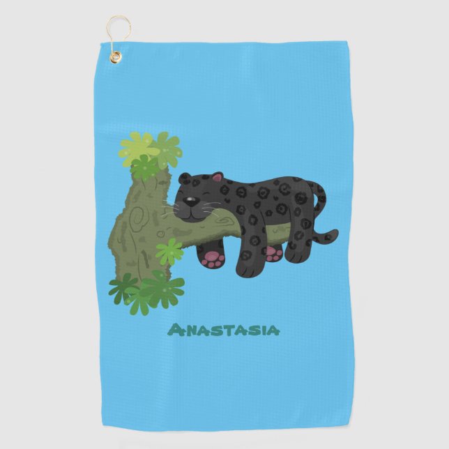 Cute jaguar black panther cat cartoon illustration golf towel (Front)