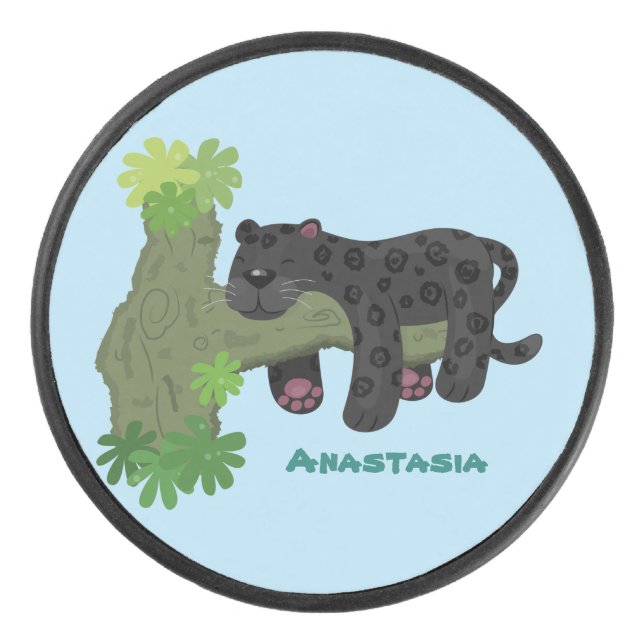 Cute jaguar black panther cat cartoon illustration hockey puck (Front)