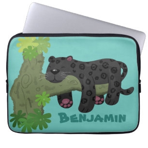 Cute jaguar black panther cat cartoon illustration laptop sleeve
