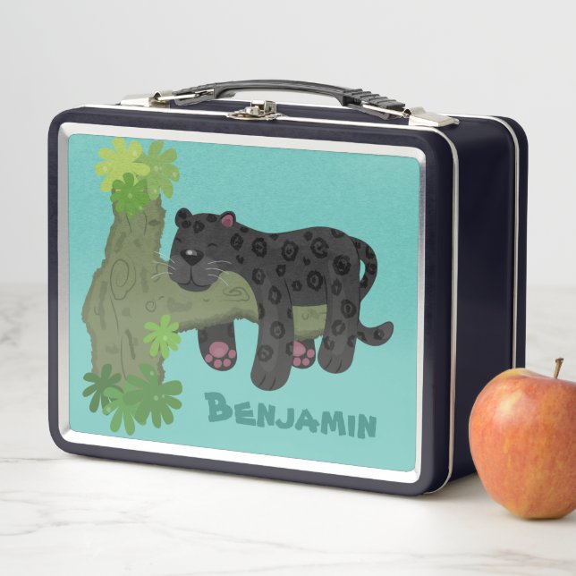 Cute jaguar black panther cat cartoon illustration metal lunch box (In Situ)