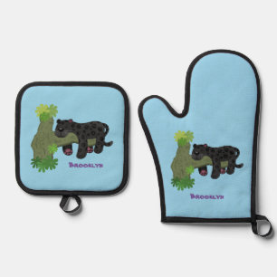 Cute jaguar black panther cat cartoon illustration oven mitt & pot holder set