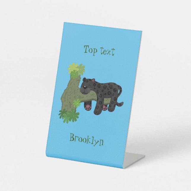 Cute jaguar black panther cat cartoon illustration pedestal sign (Front)