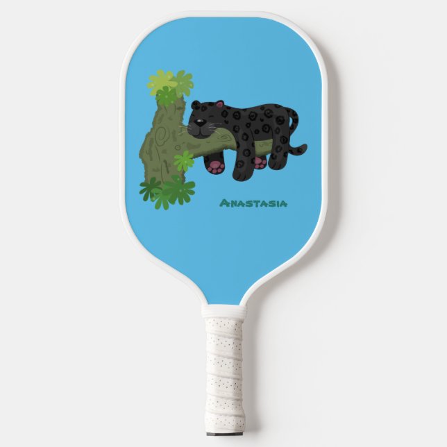 Cute jaguar black panther cat cartoon illustration pickleball paddle (Front)