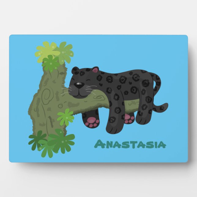 Cute jaguar black panther cat cartoon illustration plaque (Front)