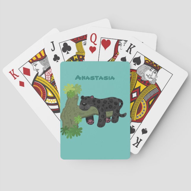 Cute jaguar black panther cat cartoon illustration playing cards (Back)