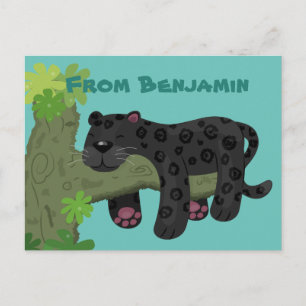 Cute jaguar black panther cat cartoon illustration postcard