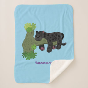 Cute jaguar black panther cat cartoon illustration sherpa blanket