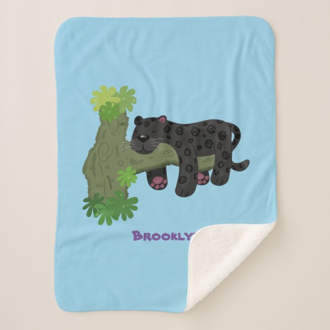Cute jaguar black panther cat cartoon illustration sherpa blanket (Front)
