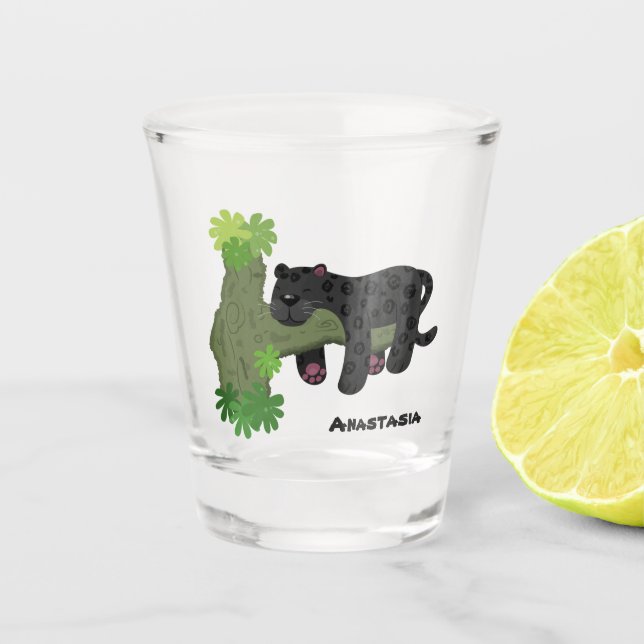 Cute jaguar black panther cat cartoon illustration shot glass (Front)