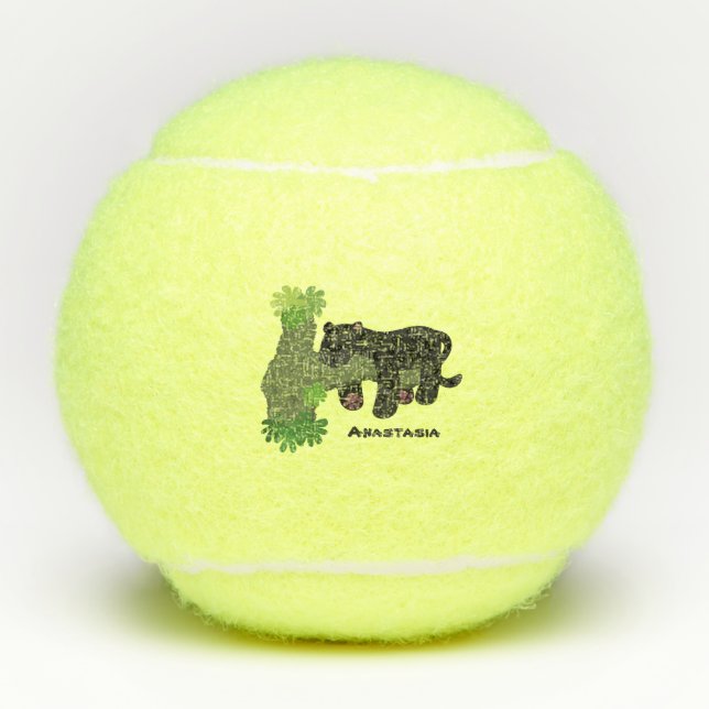 Cute jaguar black panther cat cartoon illustration tennis balls (Front)