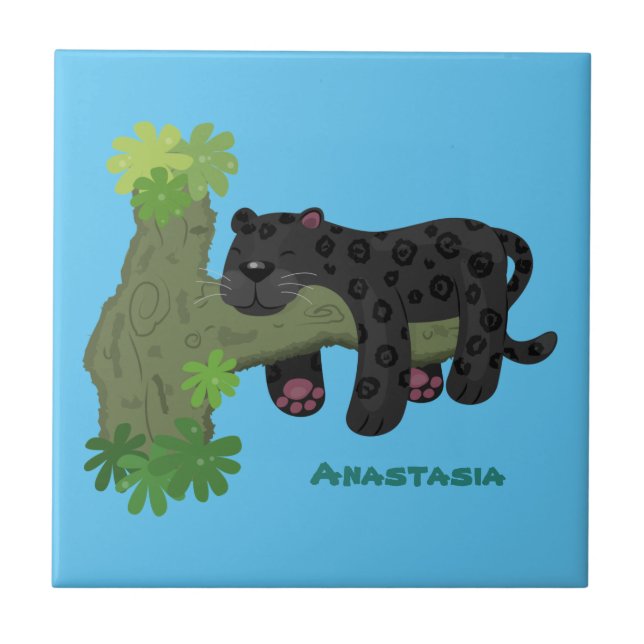 Cute jaguar black panther cat cartoon illustration tile (Front)