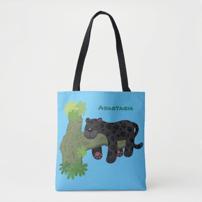 Cute jaguar black panther cat cartoon illustration tote bag (Front)