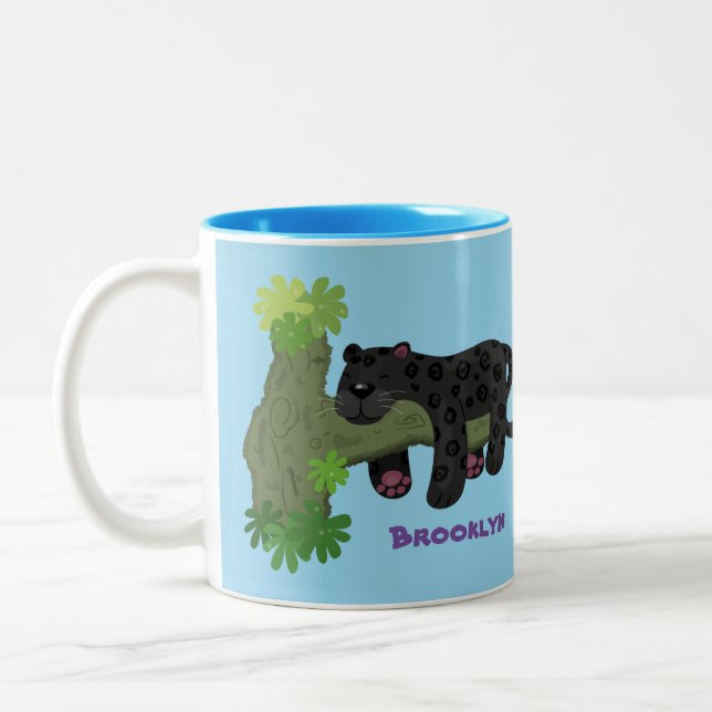 Cute jaguar black panther cat cartoon illustration Two-Tone coffee mug (Left)