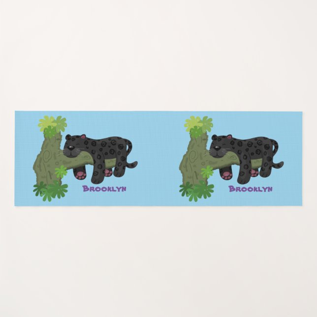 Cute jaguar black panther cat cartoon illustration yoga mat (Front (Horizontal))