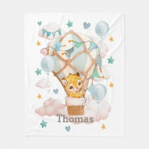 Cute jaguar cub in a hot air balloon fleece blanket